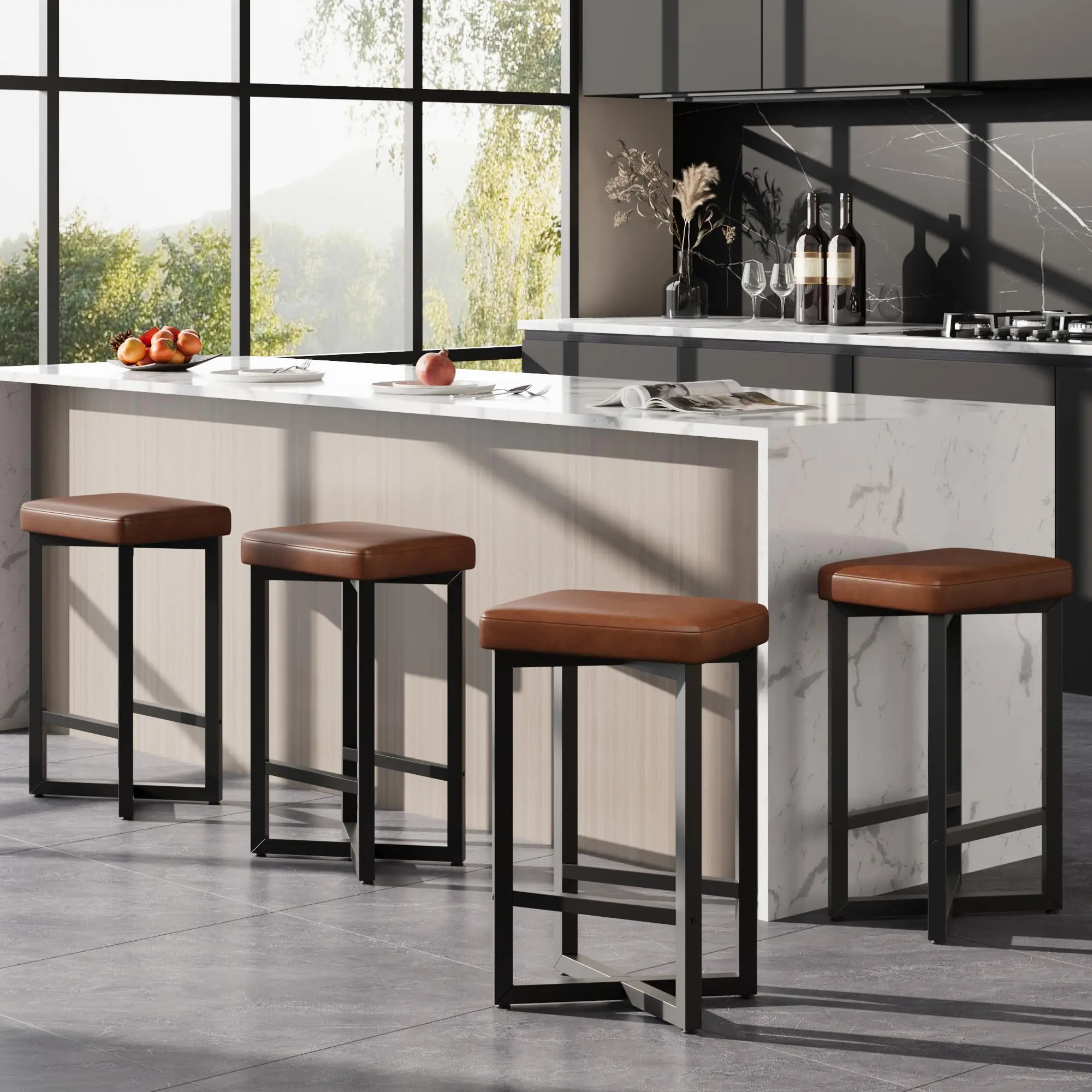 Summervibes Flash sale home items Modern Comfort Bar Stools Set of 4 – 24.6" Counter Height, Backless, Upholstered PU Leather, Metal X-Frame & Footrest – Durable Seating for Kitchen, Dining Room, Home Bar,dorm essentials,home decor
