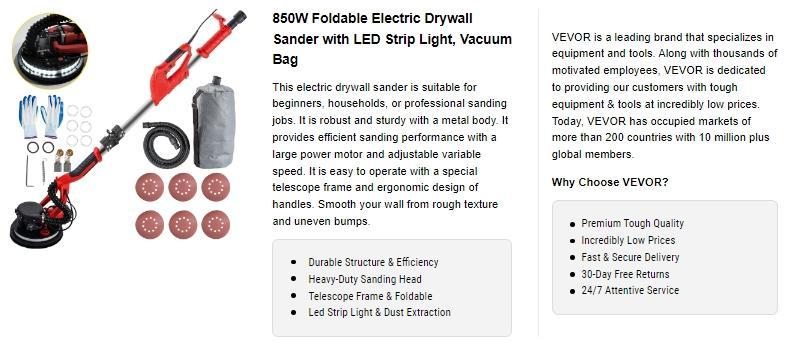 VEVOR Drywall Sander 850W, Variable Speed 800-1750 RPM, Foldable Sheetrock Sander with Telescope Handle, LED Strip Light, Vacuum Bag & Gloves Heavy Duty Power Tools