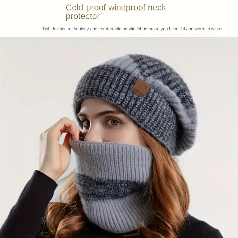 Winter Outdoor Activity Warm Knitted Hat & Scarf Set Fashionable Thick Hooded Wool Hat Windproof Brimless Beanie Men's & Women's Scarf 4 Colors Ideal Gift Choice