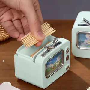 [Retro Toothpick Holder] 1pc Retro TV Design Toothpick Holder |           Multi-Color Automatic Pop-Up Dispenser, Plastic, Ideal for Bedroom, Vanity, Kitchen & Dining Decor, Perfect Gift for Graduation & Parties, Fruits &Desserts Storage, Vintage Televisi