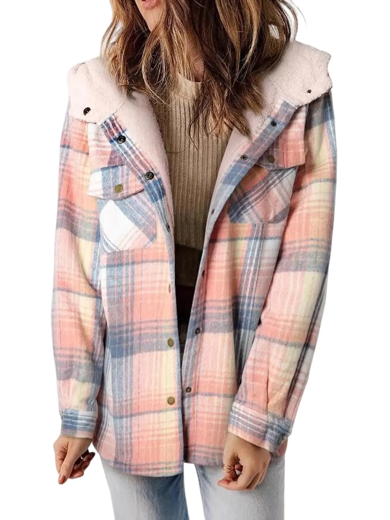 Women's Plaid Jacket Hooded Coat Flannel Hoodies Casual Mufti Clothes Autumn Winter New Style Retro Loose Shirt Wadded Jacket Sweater Knitwear Long Sleeves Soft Vintage Fitted Tweed Blazer Womenswear Tops Outerwear