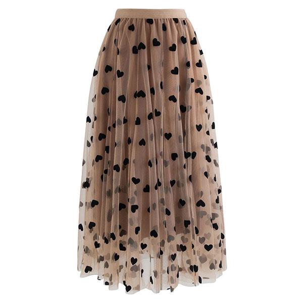 3D Heart Double-Layered Mesh Maxi Skirt – Flowy Tulle with Heart Details, Velvet Trim, Ethereal Silhouette, Elastic Waist, Perfect for Date Night, Parties & Special Occasions, Evening Wear