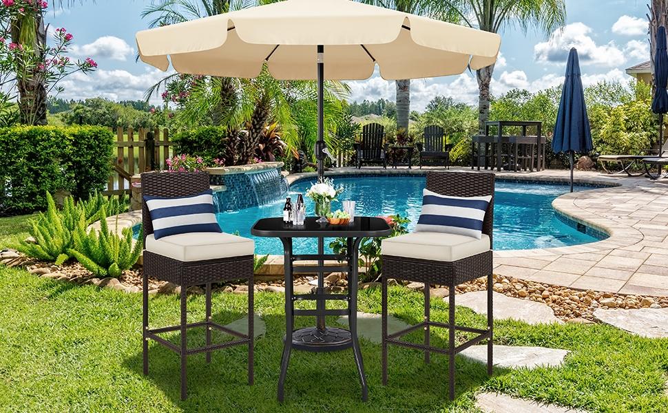 Yaheetech Set of 2 Patio Bar Stools, Outdoor PE Rattan Bar Height Chairs with Cushions & Footrests & Backrest for Indoor, Outdoor, Backyard, Porch, Max.Load 300Lb, Brown/Beige