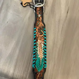 Tooled dog collar size small with turquoise