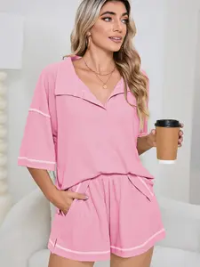 Breathable Waffle Color Block Trim 2pcs Casual Short Set, Made From Cotton Blend Fabric With A Trendy Waffle Texture.