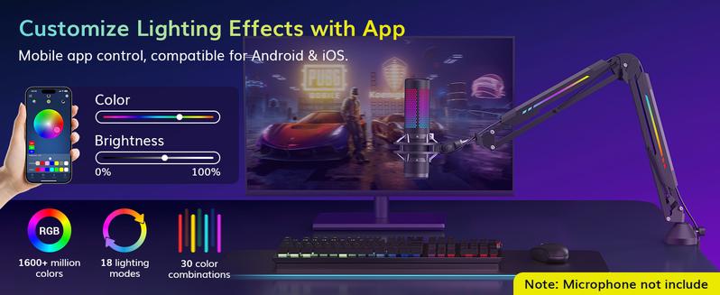 TONOR T90/T20S RGB Boom Arm, Adjustable Mic Stand with 11 Light Modes for Gaming, Streaming, Podcasting, and Recording, Durable Steel Usb Cable