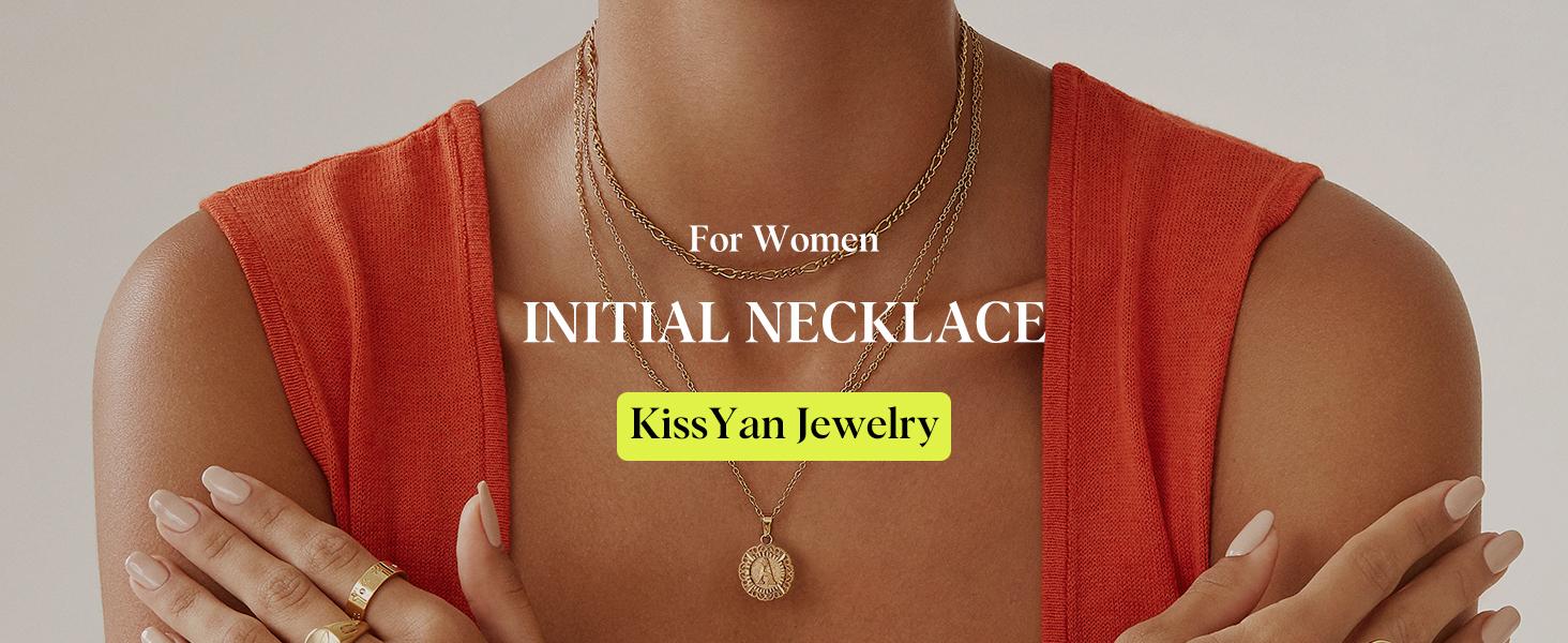 KissYan 14K Yellow Gold Plated Initial Necklace with Round Letter Pendant, Capital Monogram Alphabets A-Z, Unisex Casual Accessory KissYan 14K Yellow Gold Plated Initial Necklace with Round Letter Pendant, Capital Monogram Alphabets A-Z, Unisex Casual Accessory