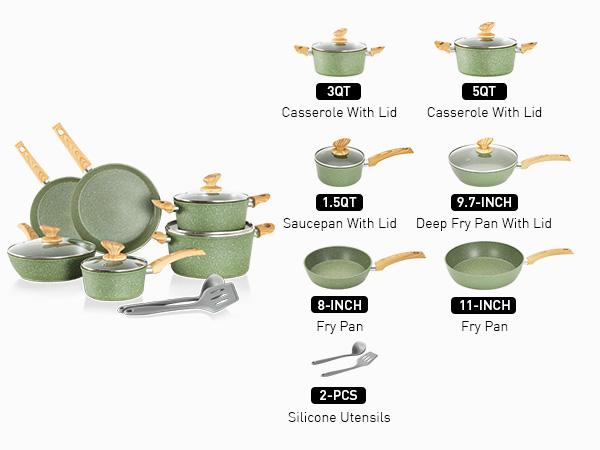 Kitchen Academy Granite Pots and Pans Set Non Stick 12 Piece Cast Induction Cookware Set Green Nonstick Kitchen Cooking Set w Frying Pans Saucepans PFOS PFOA PFAS PTFE Free Silicone Steel Steel Aluminium Glass Glass Lid Stove Stove