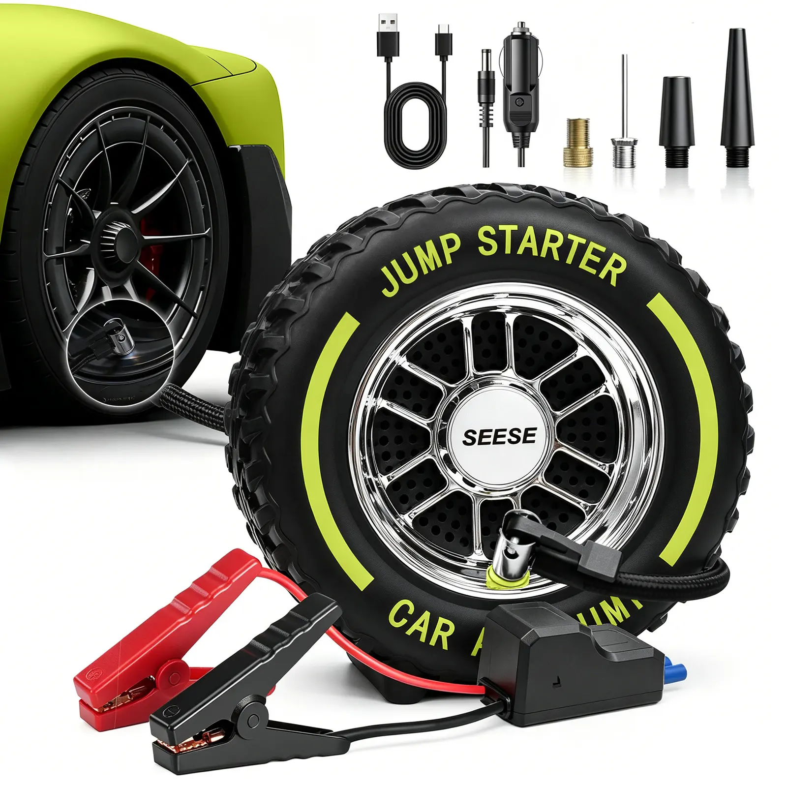 SEESE Electric Portable Tire Inflator, 6000mAh, 150 PSI Inflator with LED light, DC12V Jump Starter - Ideal for Rapid Inflation of Motorcycles/Bicycle/Balls, Road Trips, Emergencies and Daily Use