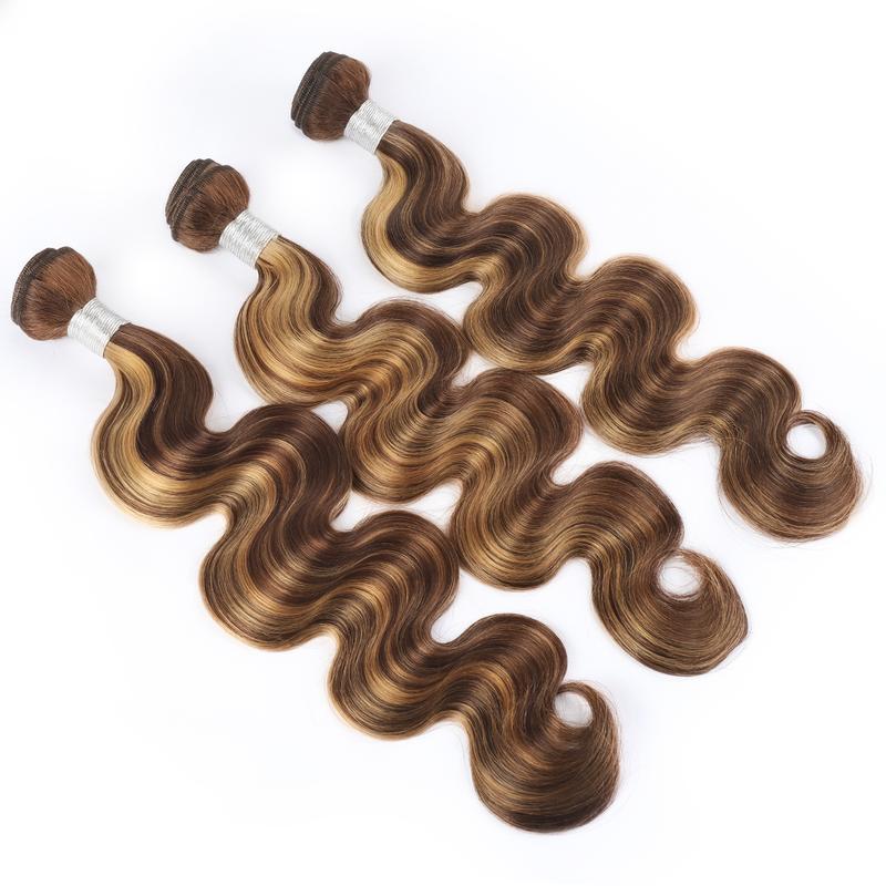 Ombre Human Hair Bundles P4/27 Brazilian Body Wave Bundles with 2x6 Closure Sew in #Fb 30 Ombre Brown Hair Bundles for Quick Weave Balayage Highlight Hair Extensions