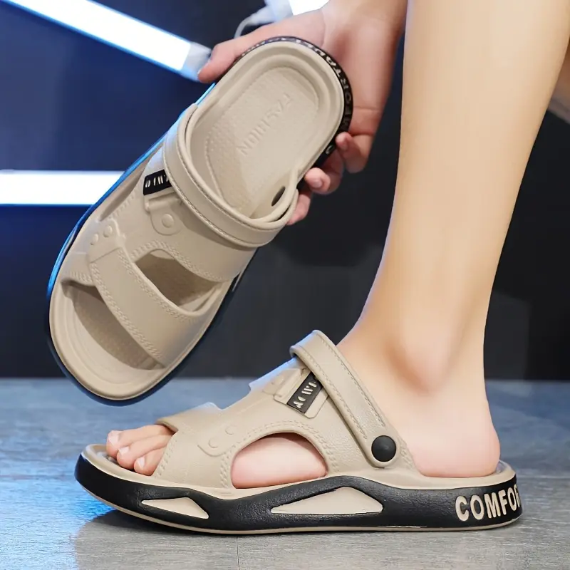 Men's Summer Fashion Slide Sandals - Comfortable EVA Material, Black with White Accents, Adjustable Hook-and-Loop Strap, Casual Open-Toe Design for Outdoor Wear, Summer Sandals