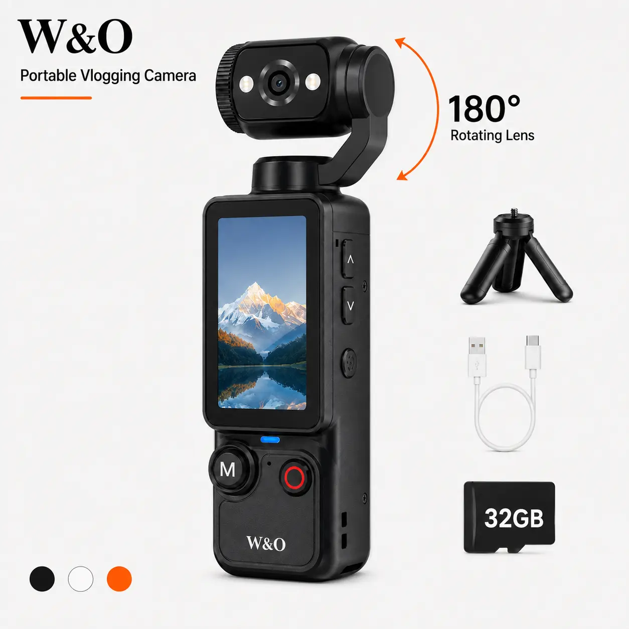 W&O Q7 Portable Vlogging Camera with 180° Rotating Lens, Autofocus, 1.9" Screen, 32GB Memory Card and Mini Tripod, USB-C Rechargeable Handheld Digital Camera for Travel, Selfies and Daily Recording pocket camera,back to school,back to school haul