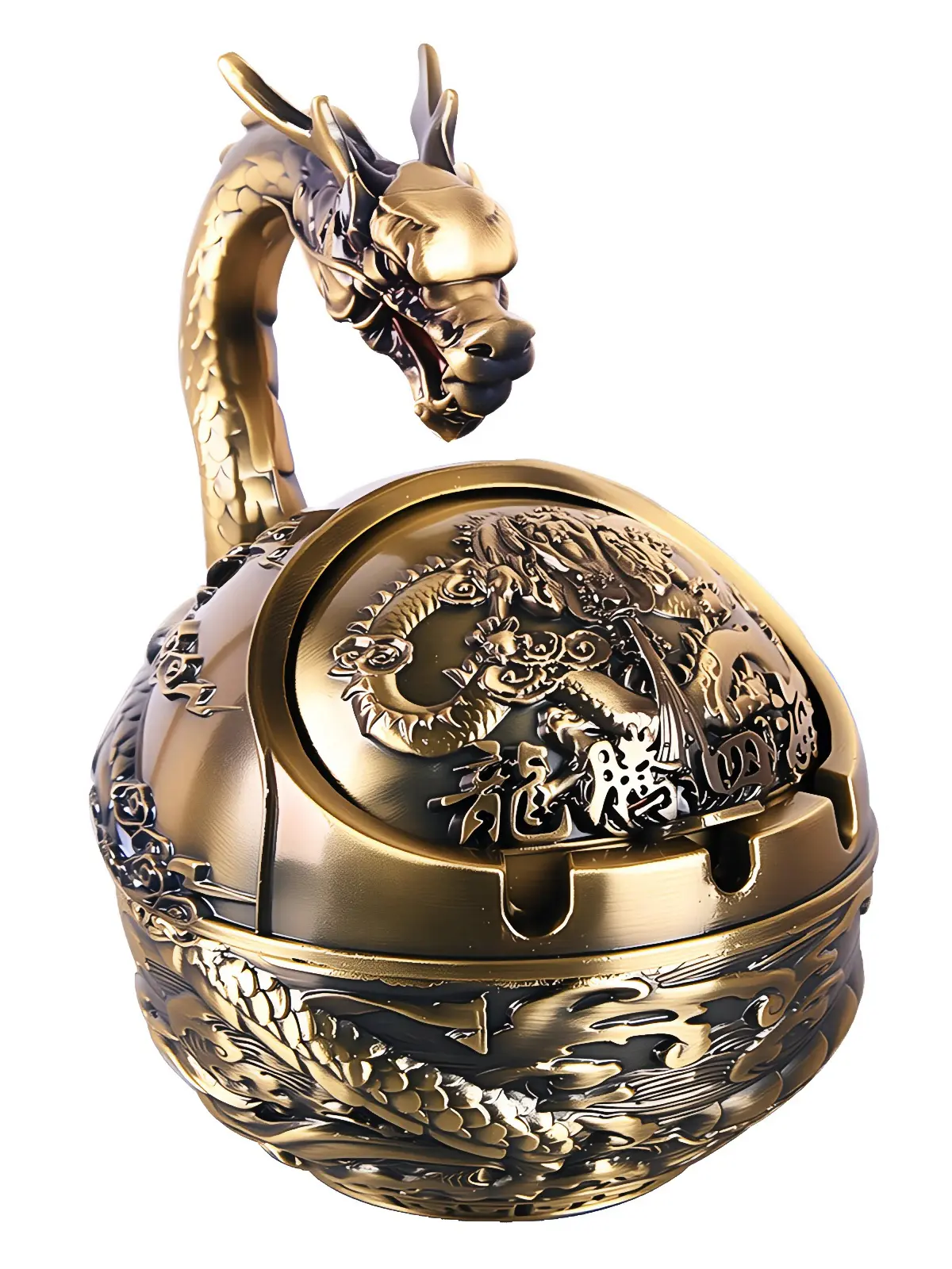 Vintage Ashtray with Lid for Cigarette,Metal Windproof Smokeless Odorless Ash Tray Holder for Indoor Outdoor Decorative Hand-Carved Fancy Gift Ornament for Home Office (Bronze Dragon)