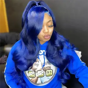 HD 13x6 Dark Blue Glueless Lace Front Wig Body Wave Navy Blue Colored Human Hair Wigs For Women Pre Plucked Transparent Lace Frontal Brazilian Human Hair Wigs Wear To Go 180 Density SpringStatements