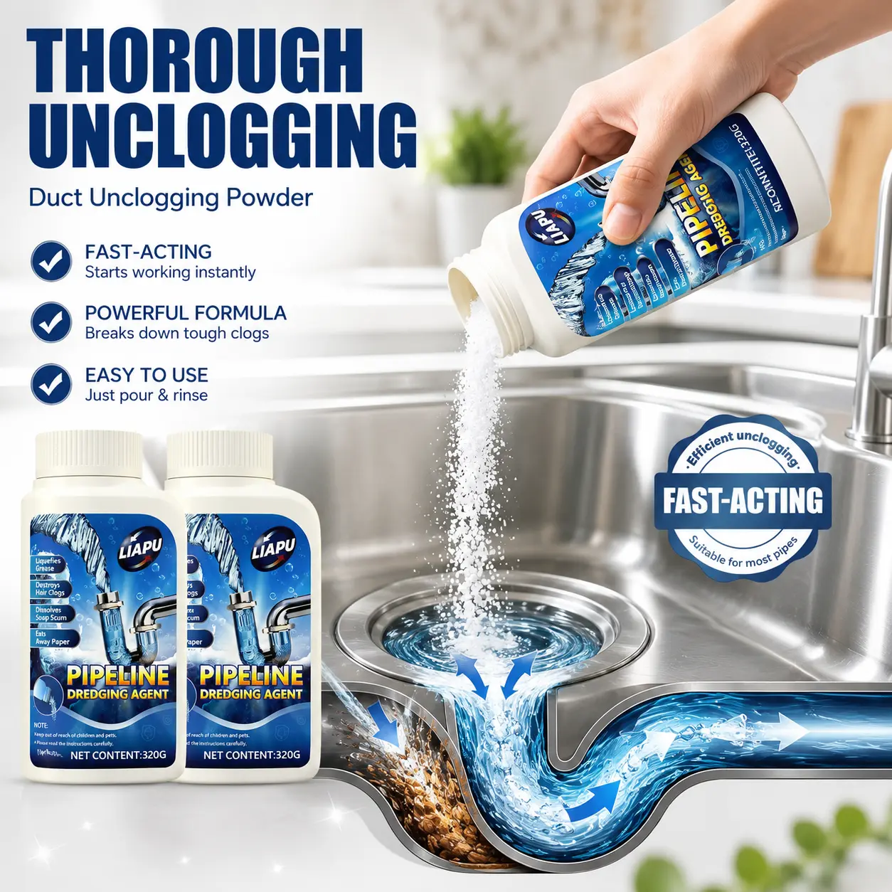 LIAPU Fast-Acting Drain Cleaner Powder, Powerful Drain Clog Remover for Kitchen Sink, Bathroom, Shower & Toilet Pipes, 320g
