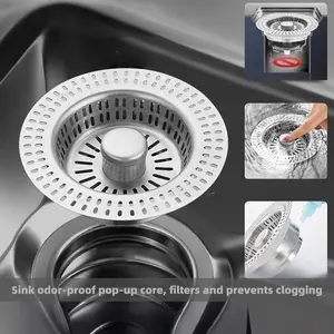 SUS 304 Stainless Steel Kitchen Sink Pop Up Drain Stopper 3 in 1 Strainer Basket Universal US Standard Drain Anti-Odor Anti-Clog Filter Easy Clean Sink Accessories Pop-Up