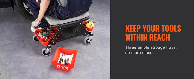 VEVOR Mechanics Stool, TikTokShopBlackFriday, 300 LBS Capacity Rolling Mechanic Seat with 4" Wheels, with Three Slide Out Tool Trays and Drawer, Heavy Duty Roller Creeper Seat for Home Garage DIY Automotive