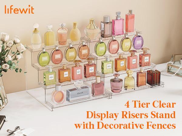 Lifewit 12 Inch 4 Tier Black Display Stand with Decorative Fences for Cologne, Fragrance, Figures, Cupcakes & Perfumes, Versatile Storage for Vanity
