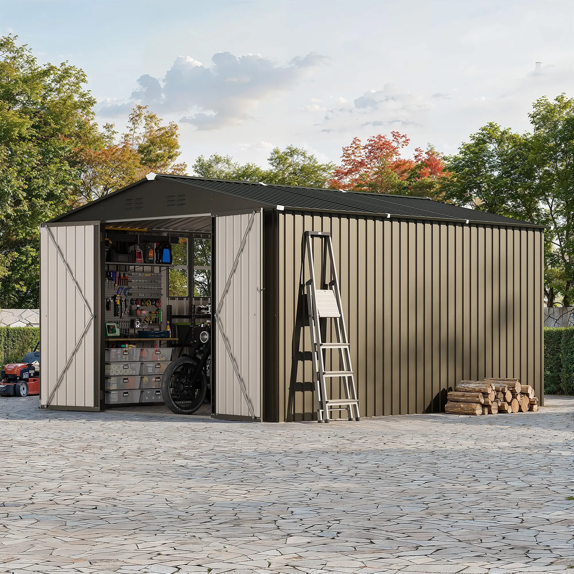 10x12 FT Outdoor Metal Storage Shed, Peaked Roof Garden Shed with Cross Windows & Lockable Door, All-Weather Secure Storage Shelter for Lawn Mower, Bike and Garden Tools