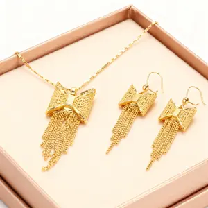 Gold plated Dubai Bow Necklace Earrings Set Indian Bridal Necklace Charm Pendant Jewelry Set Trendy Pendant Necklace