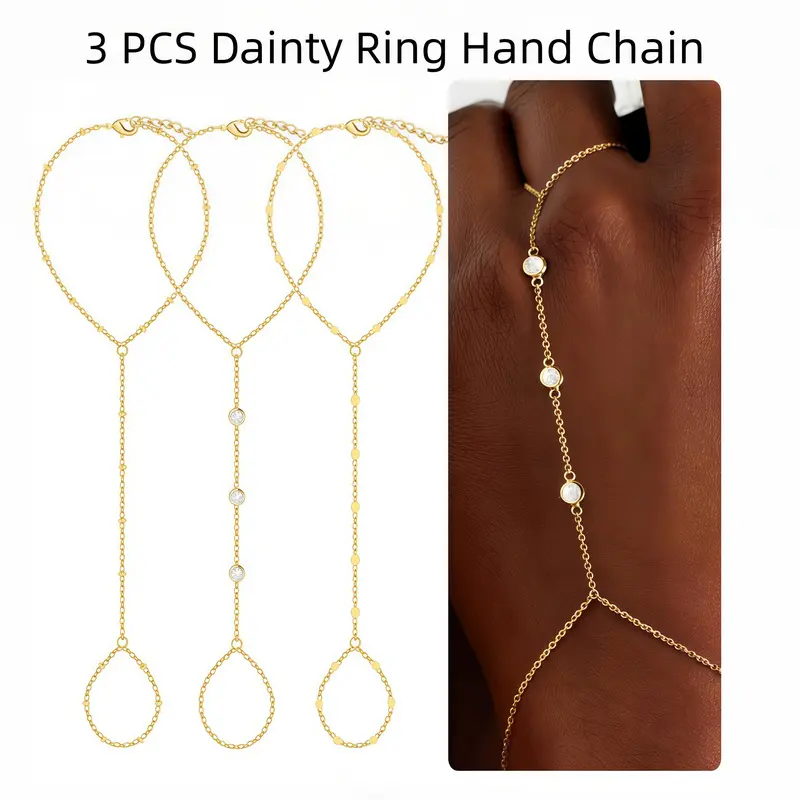 17KM 3Pcs Adjustable 14K Gold-Plated Stack Bracelets - Trendy Dainty Ring Hand Chain Jewelry, summerwins summerwins