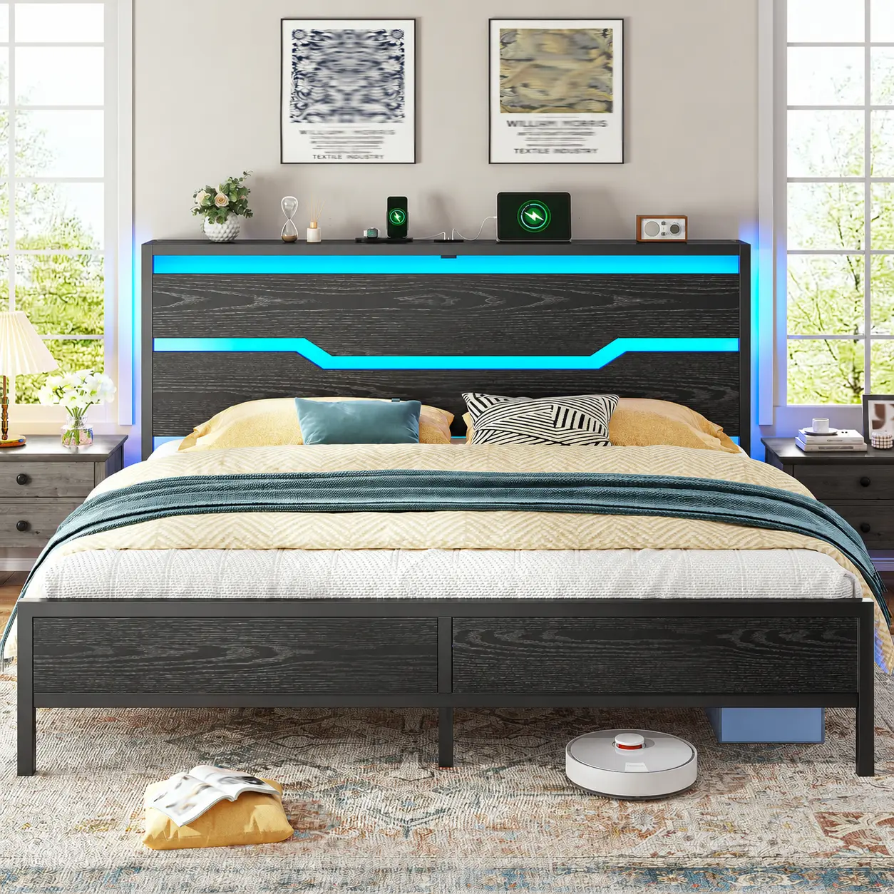 Raybee LED Bed Frame for Queen King Full with Headboard & Storage Shelf, No Mattress, Modern Industrial Wood Platform Bed Frame with Built-In Charging Station, No Noise, Capacity 900LBS with Metal Slats for Bedroom, First Apartment, Teens, Dorms