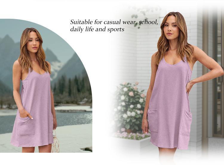 AUTOMET Women's Womens Athletic Sleeveless Mini Dress V Neck Spaghetti Straps Athletic Shorts Dress with Pockets 2025 New Sleeveless