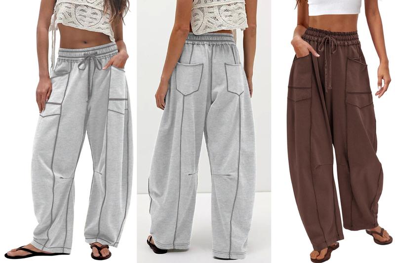 Kingapril Womens Fleece Lined Baggy Barrel Pants Casual Elastic Waisted Wide Leg Sweatpants with Pockets