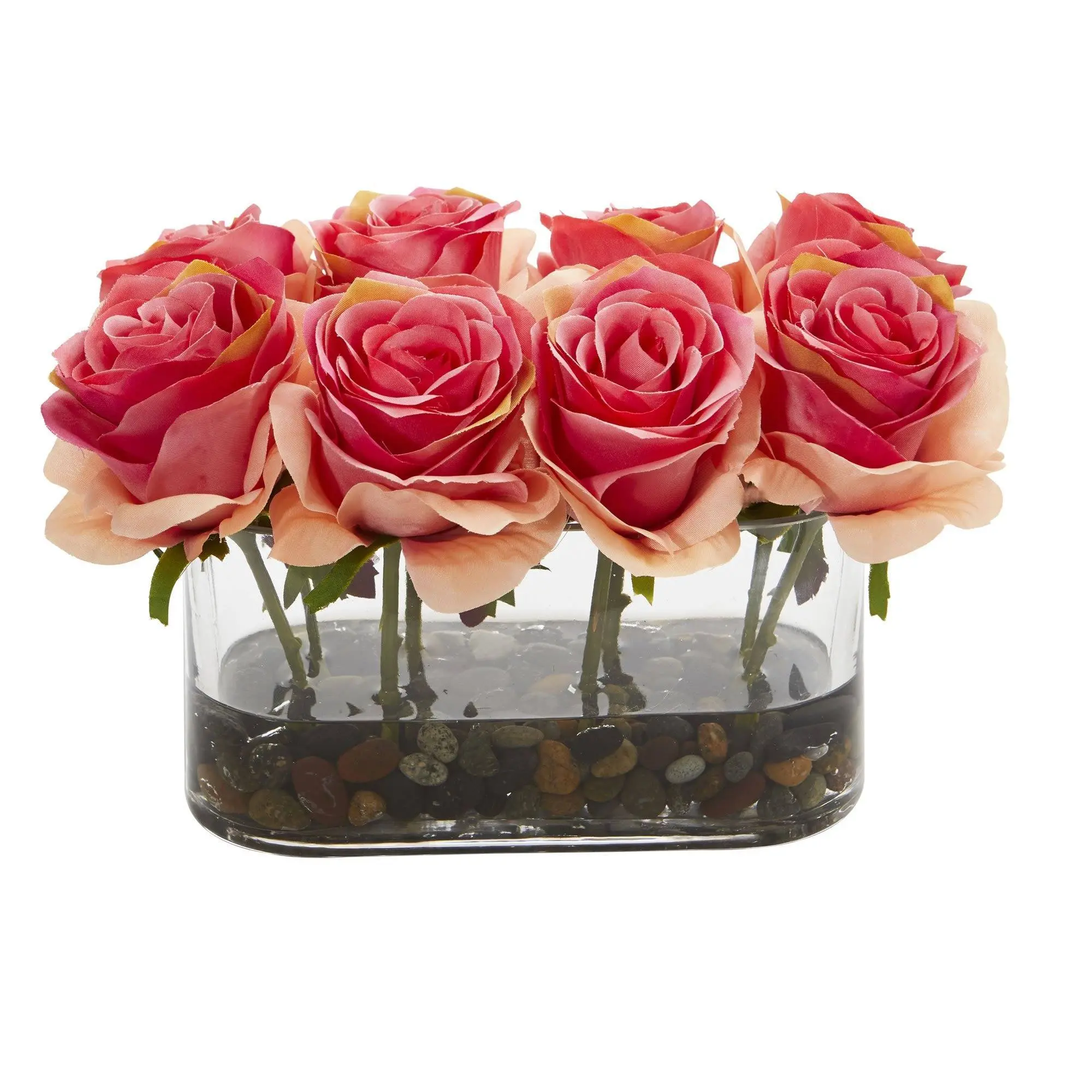 Artificial Roses Bouquet - 5.5in Bold Bright Roses with Blooming Effect, 0 Upkeep Glass Vase Arrangement, Home Decor for Sofa Table, Room Table Centerpiece