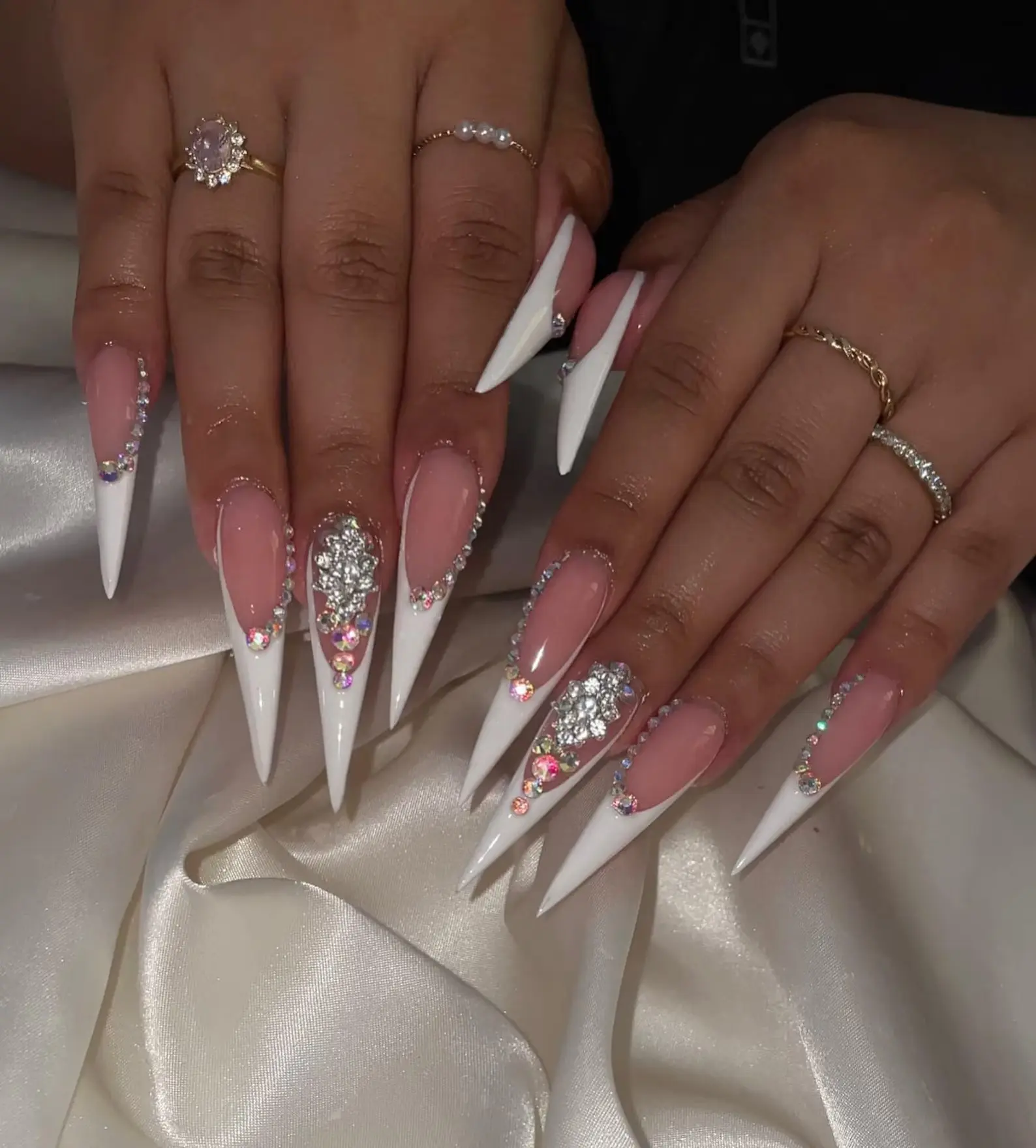 Stiletto Bling French Tip Press On Nails | Luxury Rhinestone Wedding Nail Art | Handmade Sparkly Glitter Party Fake Nails