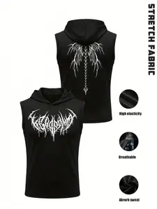 Gothic Style Men's Black Gym Shirt – Metallic Letter & Spine Wing Design, High-Stretch Slim Fit Workout Top, Ideal for Gym, Training & Casual Wear, Muscle-Enhancing Sportswear, Gothic Aesthetic Fitness Tee, Bodybuilding Fitness Tee