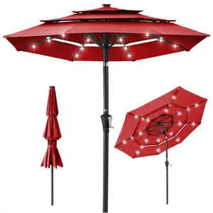 10ft 3-Tier Patio Umbrella, Outdoor Market Sun Shade for Backyard, Deck, Poolside w/ 24 LED Lights, Tilt Adjustment, Easy Crank, 8 Ribs 3-layer solar courtyard shade umbrella, equipped with 32 LED lights, and adjustable tilt angle