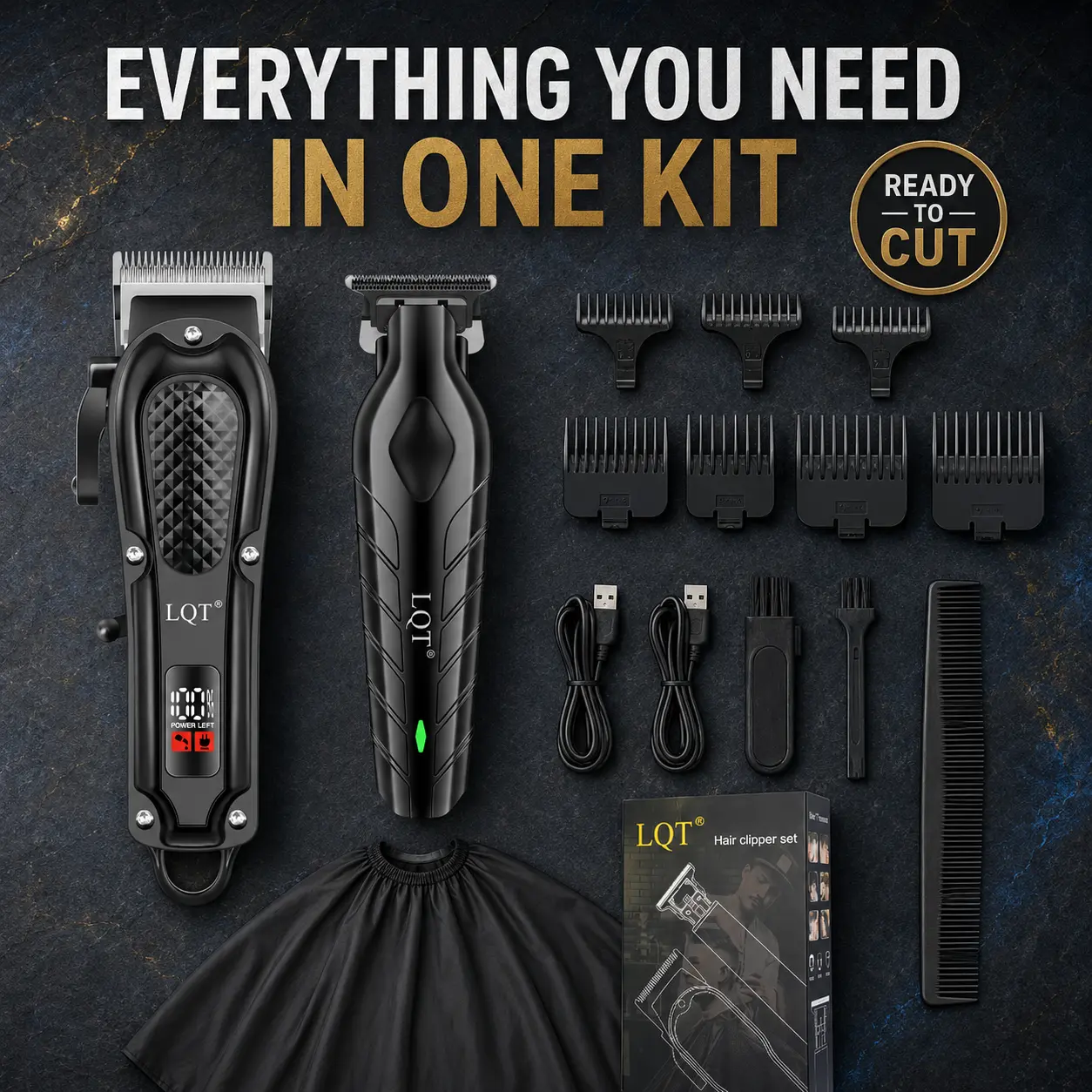 LQT Hair Clippers for Men Professional, Cordless Barber Clippers and T-Blade Trimmer Set, LED Display, Adjustable Taper Lever, USB Rechargeable Hair Cutting Kit with 7 Guide Combs for Fades, Beard and Lineups