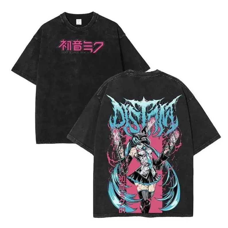 Men's Chainsaw Miku Anime Parody T-shirt, Vintage Washed 100% Cotton Short Sleeve Streetwear, Festive Gift for Jpop Manga Fans, Top, Shortsleeve, Cartoon