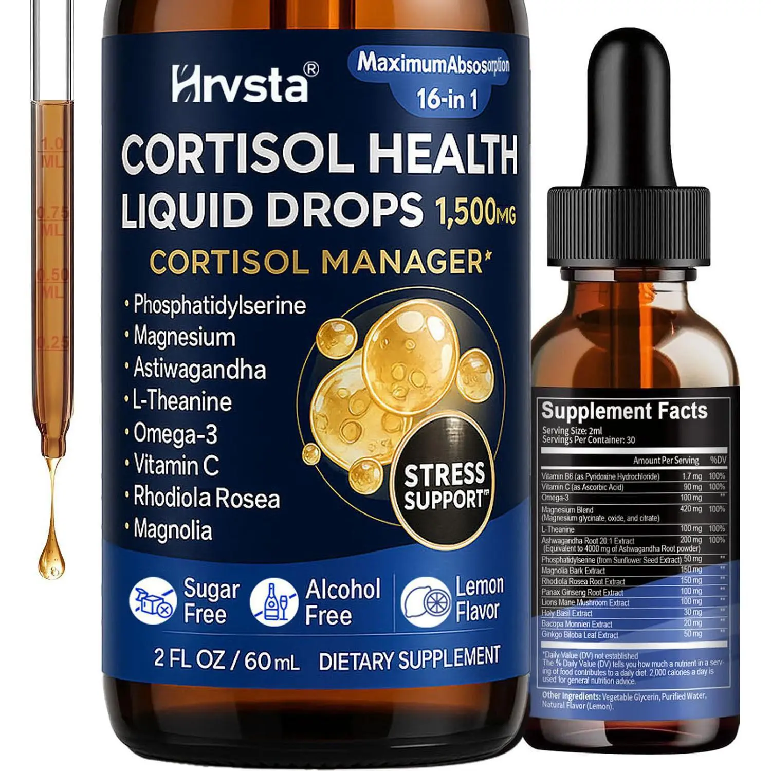 Natural Cortisol Support Liquid Drops Dietary Supplement with Magnesium Complex, Ashwagandha, Rhodiola Rosea, L-Theanine, Phosphatidylserine – Vitamin for Men’s & Women’s Hormone Balance, Mood, Sleep Healthcare Support (2 fl.oz)