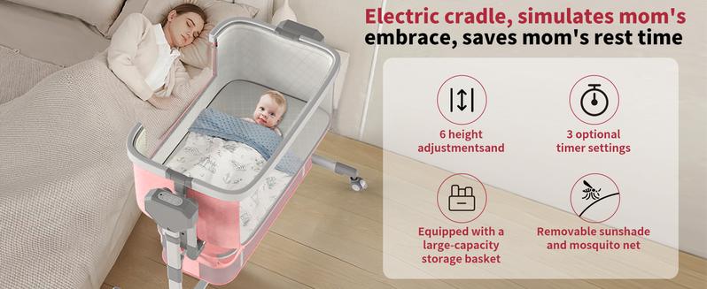 Electric Baby Bassinet with 5 Rocking Motions 6 Height Adjustments 4 Lullabies Bluetooth 5.0 360° Silent Wheels for Newborns Unisex Stable Swing Bedside Sleeper Modes