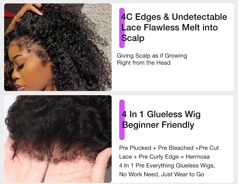 4c Edge Curly Wig Invisi Strap Snug Fit 360 Transparent Lace Frontal Bleached Knots Pre Cut Lace Wig With Drawstring 100% Human Hair Wig