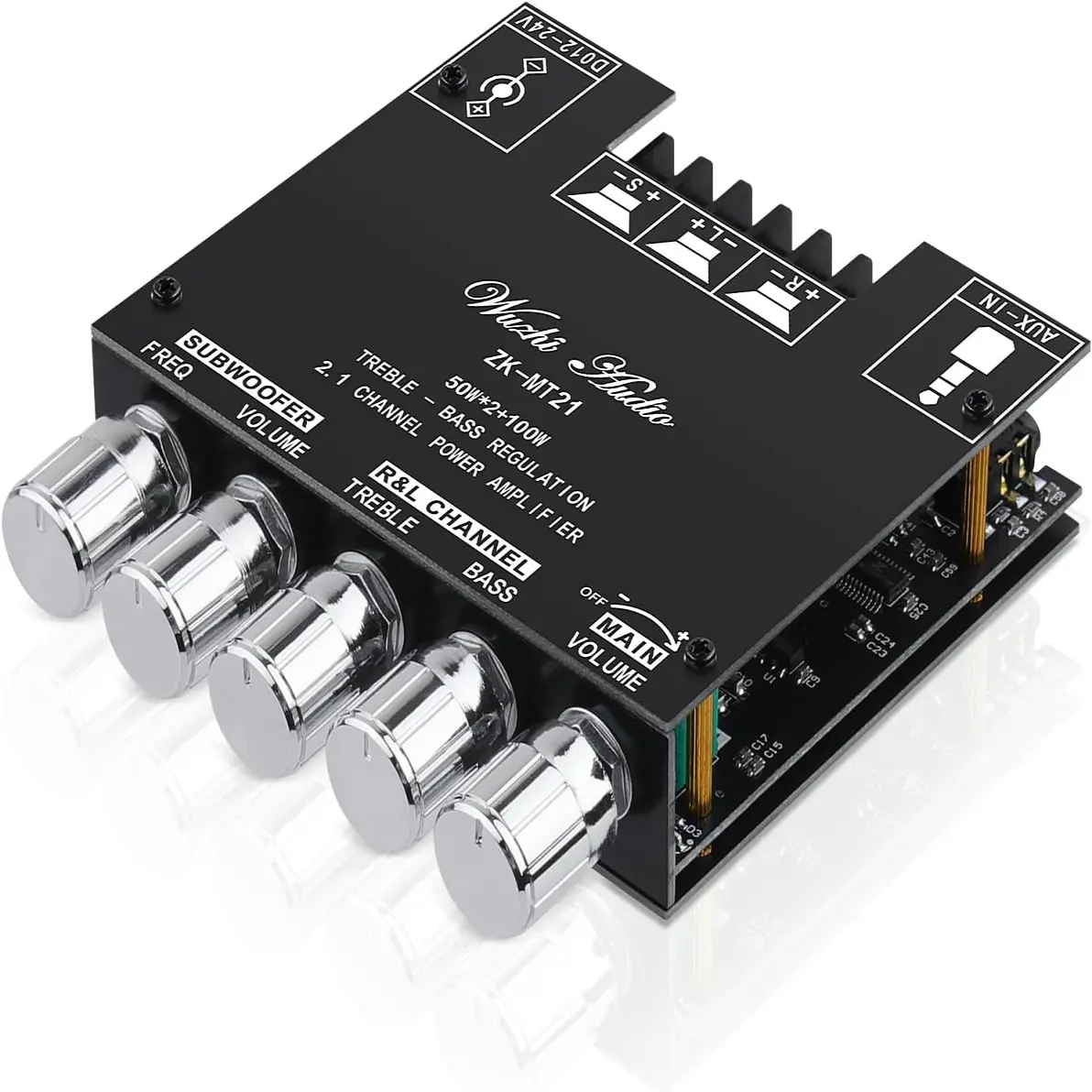 WUZHI ZK-MT21 Bluetooth 5.0 HiFi Digital Audio Amplifier Board - 2.1 Channel 50Wx2+100W Mini Subwoofer Power Module, Stereo, Noise-Reducing, Wireless Connection, Treble & Bass Adjustment, 4-8 Ohms, 20-100W, DC 12-24V, BT/AUX Input for Home Speakers, Trebl