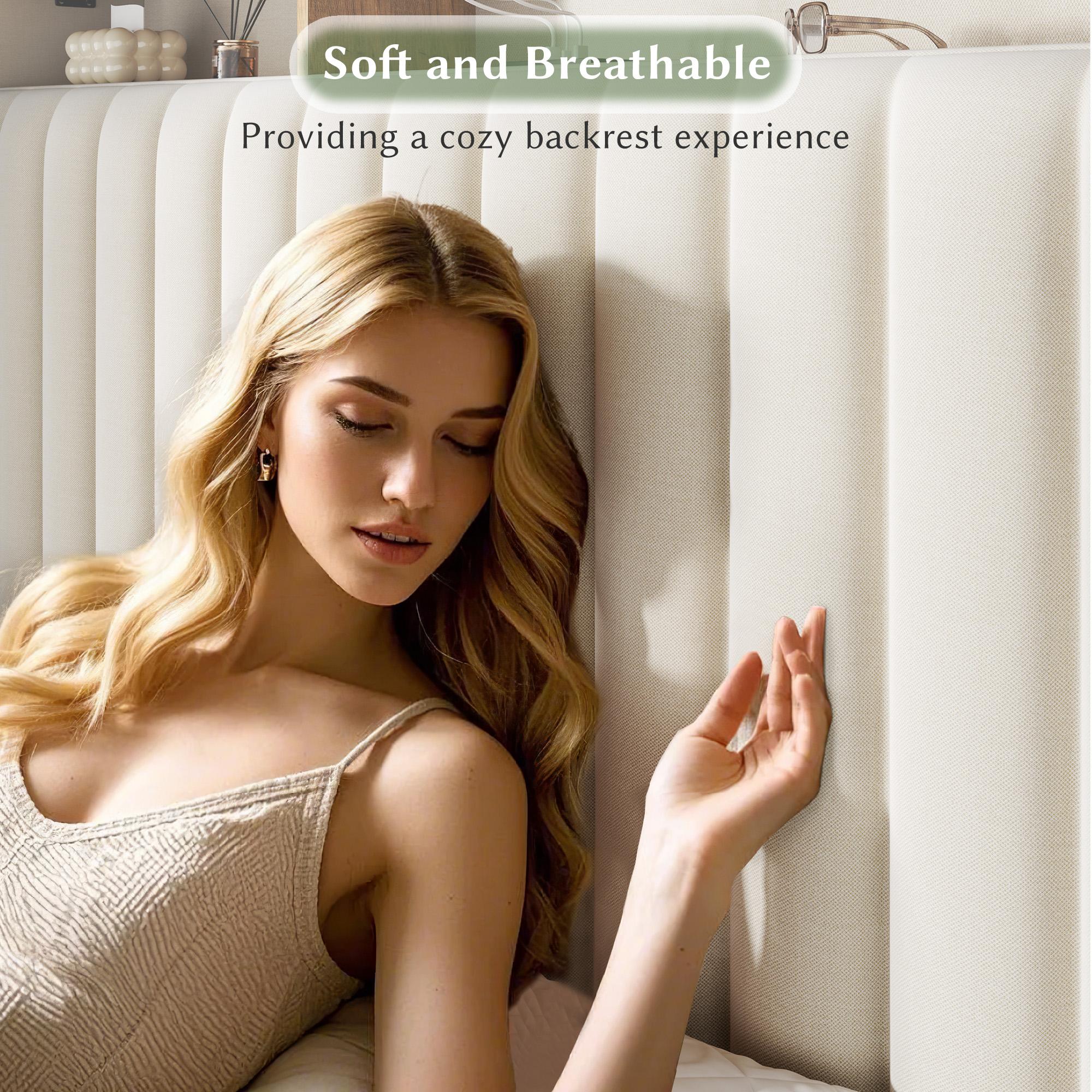 Raybe Furniture Upholstered Bed Frame with LED & Charging Station & 2 Drawers, MATTRESS NOT INCLUDED, Twin, Full, King, Queen Size Bed Frame with Headboard &Shelves, Holds 1000 LBS, No Noise