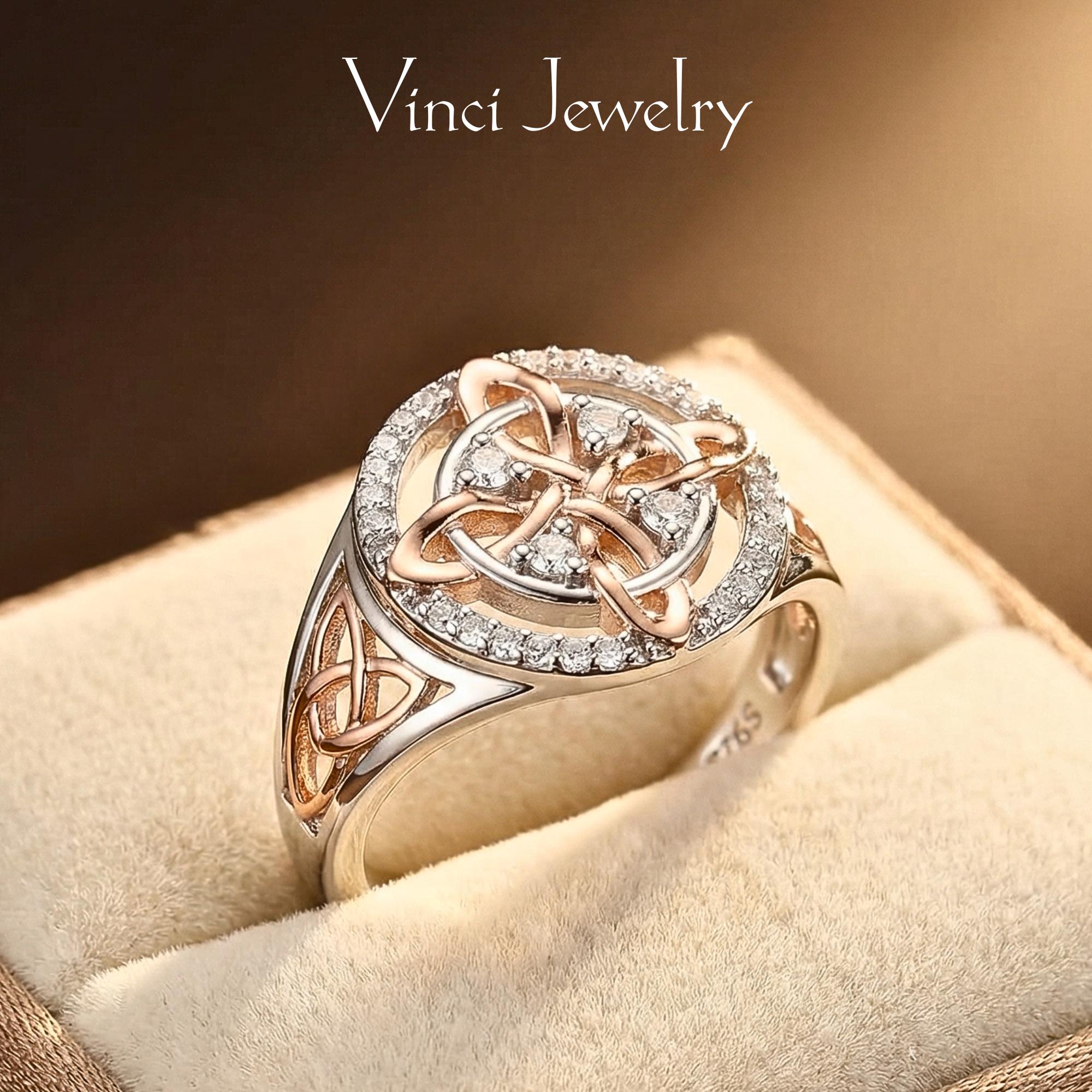925 Sterling Silver Rose Gold Plated Celtic Knot Ring, Anillo Nudo de Bruja Plata 925 Original Witch Knot Jewelry, Cubic Zirconia Decorated S925 Witches Knot Ring, Witchtok Witch Jewerly Pagan Jewelry for Devotion for Protection