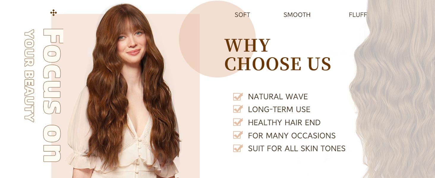 AISI HAIR Auburn Wig with Bangs Long Wavy Ginger Wig Natural Looking Heat Resistant Synthetic Curly Full Wigs for beginners Women Daily Use