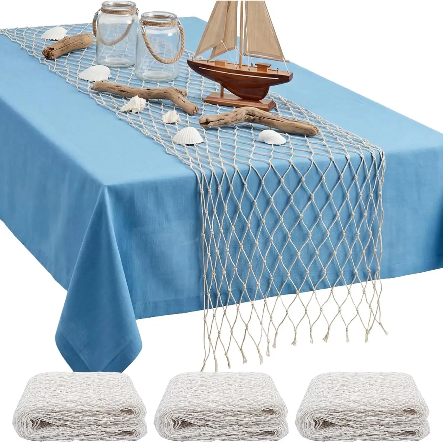 GOSTADY Natural Rectangle Nautical Cotton Fishnet Table Runner - Sturdy Cotton Rope Weave Decor, Ideal for Pirate, Mermaid Themed Parties, Versatile Kitchen Linens Towel