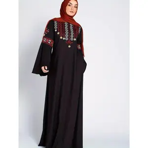 Women's Ethnic Pattern Embroidery Flounce Sleeve Abaya, Modest Long Sleeve Round Neck Maxi Muslim Dress for Daily Wear, Abayas for Women, Ladies Islamic Clothing for All Seasons