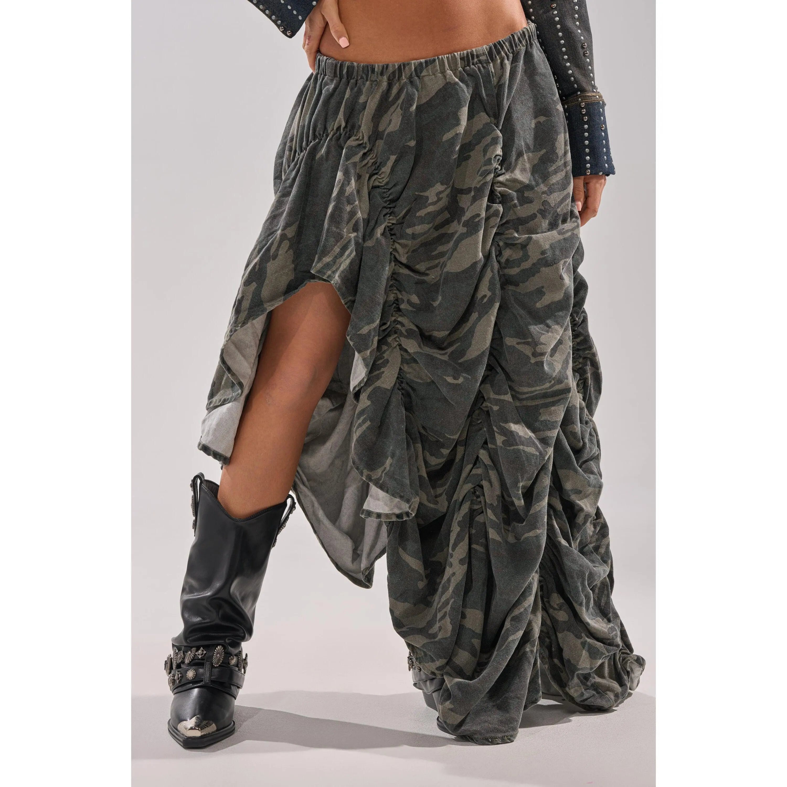 LETS CHANGE IT UP RUCHED MIDI SKIRT IN CAMO