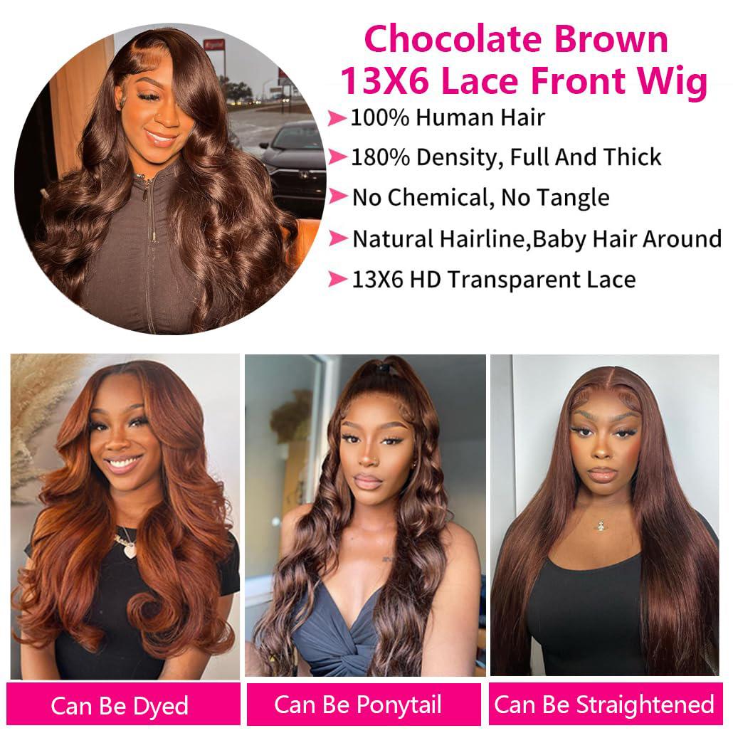 Bling Hair Chocolate Brown Wigs Body Wave 13x4 13x6 HD Transparent Lace Front Human Hair Wig For Women 4x4 Lace Closure Brazilian Remy Human Wig Pre plucked Natural Hairline 30 Inch 180% Density TikTokShopHolidayHaul