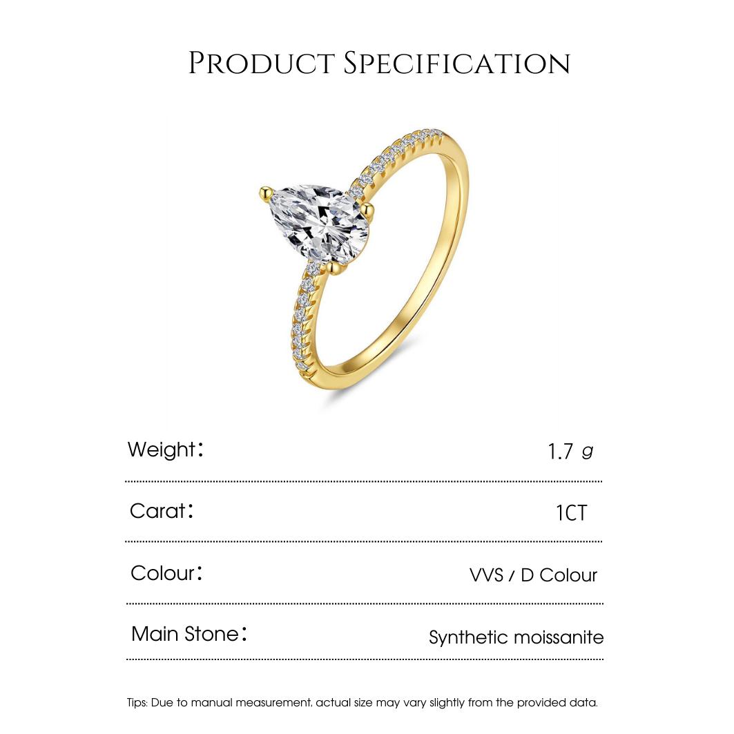 Drinsper Solitaire Pear-Cut S925 1.0ct DVVS Synthetic Moissanite 18K Gold-Plated Sterling Silver Ring for Women Girls Versatile Simple Elegant Style Suitable for Daily Wearing Chrisamas Jewelry Gift for Girlfriend Mom