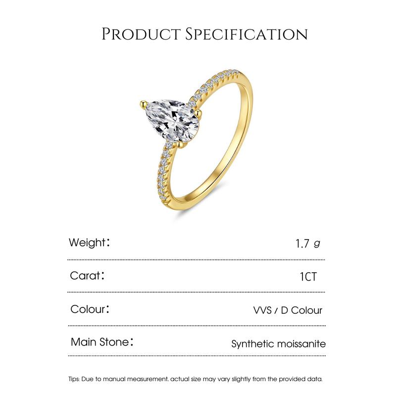 Drinsper Solitaire Pear-Cut S925 1.0ct DVVS Synthetic Moissanite 18K Gold-Plated Sterling Silver Ring for Women Girls Versatile Simple Elegant Style Suitable for Daily Wearing Chrisamas Jewelry Gift for Girlfriend Mom