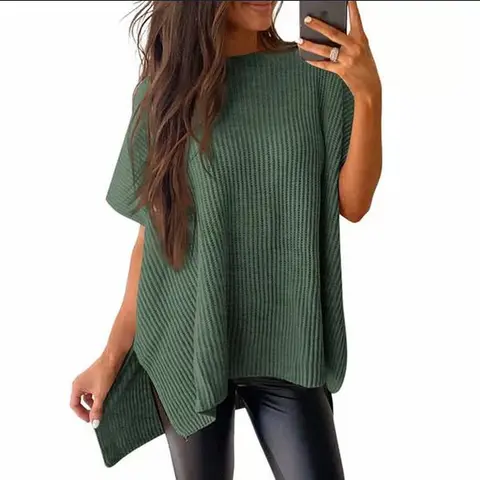2026 Spring/Summer Oversized Cozy Ribbed Knit Top Women’s Crew Neck Short Sleeve Pullover Elegant Solid Color Knitwear with Side Slit for All-Season Casual