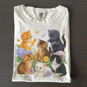 Comfort Colors Cute Kitten Graphic T-Shirt, Vintage Cat Lover TShirt, Retro Floral Kitty Top, Aesthetic Cottagecore Gift