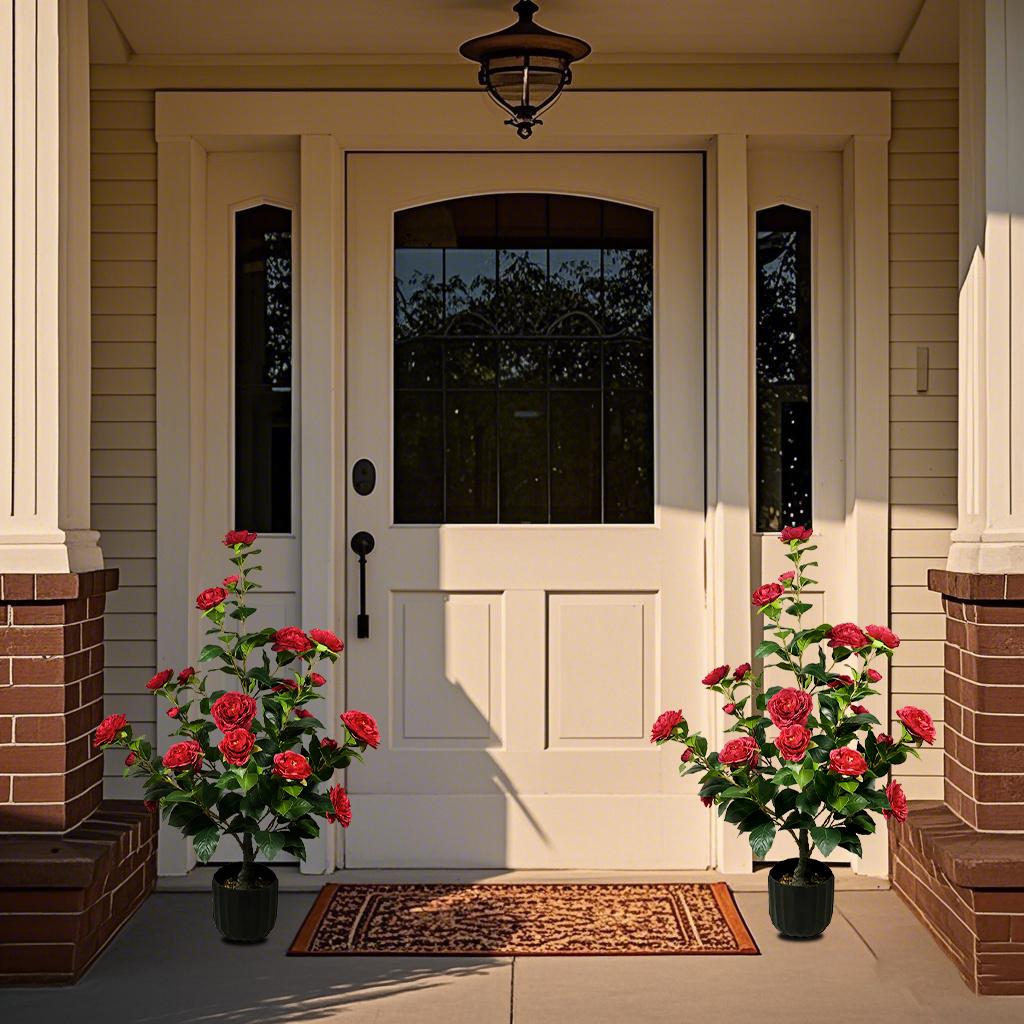 2 Pcs 3-foot Camellia Tree with Decorative Pebbles, Flower Pot, 24 Realistic Flowers, 188 Leaves for Indoor, outdoor courtyard Home Decor